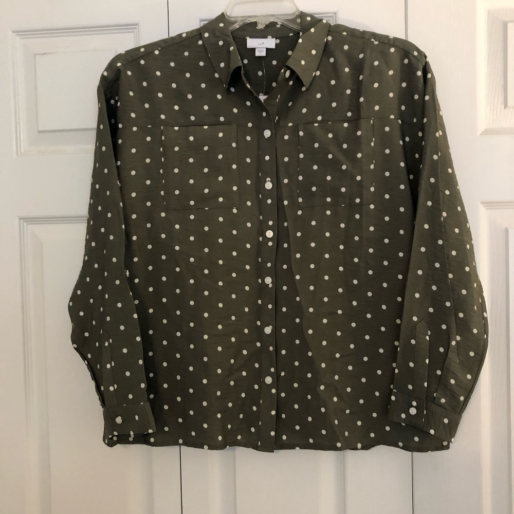 J Jill Olive Polka Dot button front shirt size Small